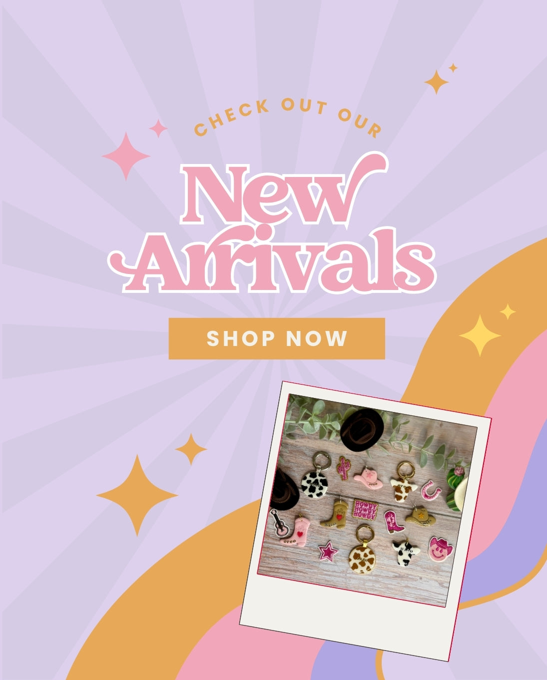 Promotional graphic with 'New Arrivals' text and a photo of keychains on a purple background.
